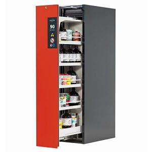 Sicherheitsschrank Typ 90 asecos V-MOVE-90, Vertikalauszug mit Schließ-Automatik, Front Verkehrsrot, B 449 x T 860 x H 1966 mm Sicherheitsschrank Typ 90 asecos V-MOVE-90, Vertikalauszug mit Schließ-Automatik, Front Verkehrsrot, B 449 x T 860 x H 1966 mm