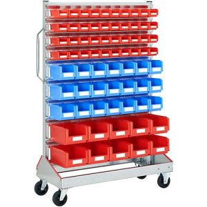 Sichtrollwagen f. Sichtlagerkästen, einseitig, B 1130 x T 510 x H 1705 mm, 40 x 0,7 l rot, 21 x 3 l blau, 10 x 7,5 l rot