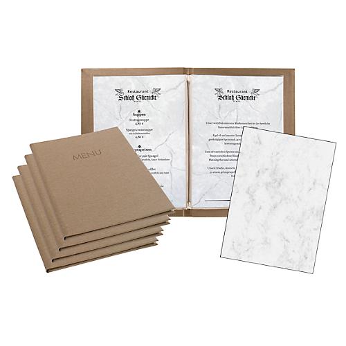 Sigel Sparset, 5 Speisekartenmappen mit 10 Transparenthüllen, 100 Motivpapieren 'Grauer Marmor', beige