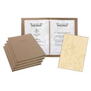 Sigel Sparset, 5 Speisekartenmappen mit 10 Transparenthüllen, 50 Motivpapieren ‚Marmor‘, beige Sigel Sparset, 5 Speisekartenmappen mit 10 Transparenthüllen, 50 Motivpapieren ‚Marmor‘, beige