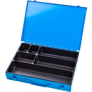 Sortimentskoffer ADB, leer, 6-fache Einteilung, abschließbar, mit Griff, B 330 x T 230 x H 50 mm, Stahl & ABS-Kunststoff, lichtblau RAL 5012 Sortimentskoffer ADB, leer, 6-fache Einteilung, abschließbar, mit Griff, B 330 x T 230 x H 50 mm, Stahl & ABS-Kunststoff, lichtblau RAL 5012