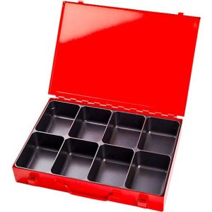 Sortimentskoffer ADB, leer, 8-fache Einteilung, abschließbar, mit Griff, B 330 x T 230 x H 50 mm, Stahl & ABS-Kunststoff, verkehrsrot RAL 3020 Sortimentskoffer ADB, leer, 8-fache Einteilung, abschließbar, mit Griff, B 330 x T 230 x H 50 mm, Stahl & ABS-Kunststoff, verkehrsrot RAL 3020