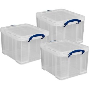 Sparset Really Useful Boxes, 3 Stück mit jeweils 35 l, verschließbare Griffe, mit Deckel, stapelbar, Polypropylen, transparent Sparset Really Useful Boxes, 3 Stück mit jeweils 35 l, verschließbare Griffe, mit Deckel, stapelbar, Polypropylen, transparent