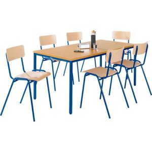 Sparset Stapelstühle, Buchenholz, Gestell blau, B 450 x T 520 x H 770 mm, 6 Stück + Tisch, Buche-Natur, Gestell blau, L 1600 x B 800 x H 720 mm Sparset Stapelstühle, Buchenholz, Gestell blau, B 450 x T 520 x H 770 mm, 6 Stück + Tisch, Buche-Natur, Gestell blau, L 1600 x B 800 x H 720 mm