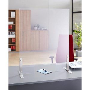 Spuckschutz, Kunststoff, klar-transparent, Stärke 4 mm, B 800 x H 800 mm, mit Durchreiche & Edelstahl-Füßen