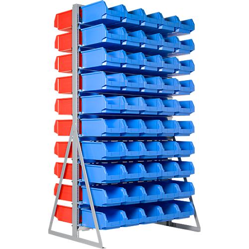 Ständerregal, 2-seitig bestückbar, 20 Reihen, inkl. 50 Sichtlagerkästen LF 321 blau & 50 Sichtlagerkästen LF 321 rot, B 1145 x T 800 x H 1950 mm