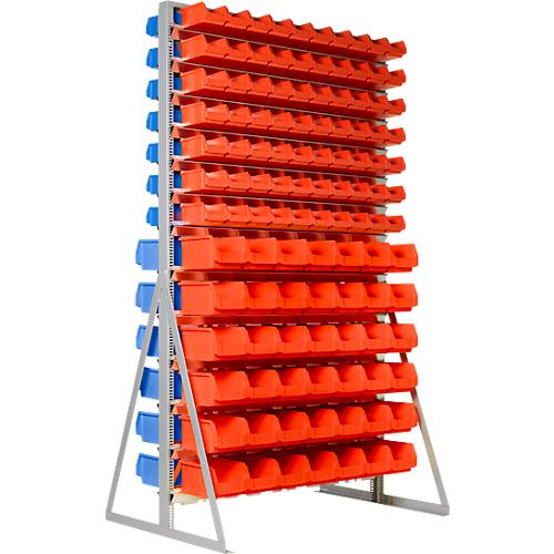 Ständerregal, 2-seitig bestückbar, 26 Reihen, 2 x 70 Sichtlagerkästen LF 211 rot/blau & 2 x 42 Sichtlagerkästen LF 221 rot/blau, B 1145 x T 800 x H 1950 mm