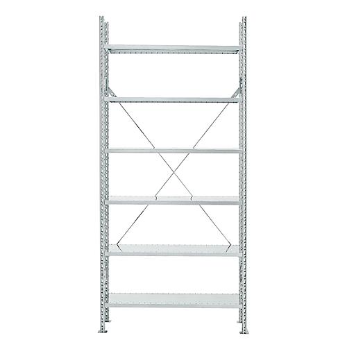 Steckregal R 3000, Komplettregal 5,155 m, 1 Grund- und 4 Anbaufelder incl. 25 Böden, lackiert, H 2278 x B 5155 x T 600 mm