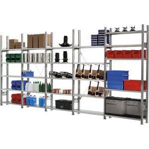 Steckregal R 3000, Komplettregal 5,155 m, 1 Grund- und 4 Anbaufelder incl. 25 Böden, verzinkt, H 2278 x B 5155 x T 400 mm Steckregal R 3000, Komplettregal 5,155 m, 1 Grund- und 4 Anbaufelder incl. 25 Böden, verzinkt, H 2278 x B 5155 x T 400 mm