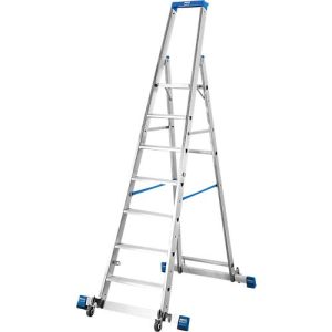 Stufenstehleiter, mit 7 Stufen, Aluminium, fahrbar mit Traverse