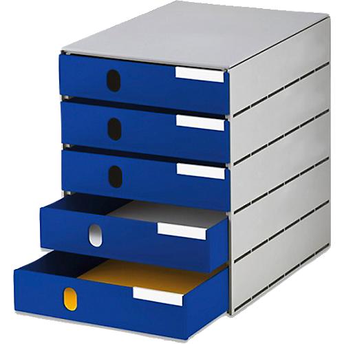 styro® Schubladenbox Styroval Pro, 5 Schubladen, geschlossen, B 243 x T 335 x H 323 mm, DIN C4, Polystyrol, stapelbar, öko-blau