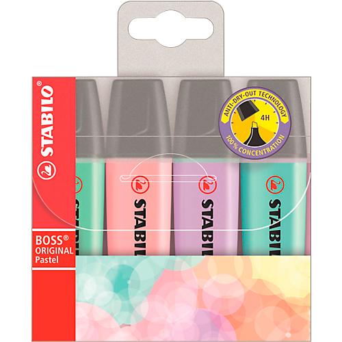 Textmarker Stabilo® Boss Original, Pastelltöne, Keilspitze, lichtbeständig, schnell trocknend, 4er-Etui