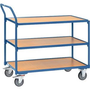 Tischwagen, 3 Ebenen, Stahl/Holz, blau-buche, B 850 x T 500 mm, bis 300 kg, TPE-Bereifung Tischwagen, 3 Ebenen, Stahl/Holz, blau-buche, B 850 x T 500 mm, bis 300 kg, TPE-Bereifung