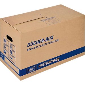 Transportbox Bücher-Box, besonders stabil, verstärkte Tragegriffe, doppelter Boden, Beschriftungsfelder, B 580 x T 300 x H 340 mm, Wellpappe, braun Transportbox Bücher-Box, besonders stabil, verstärkte Tragegriffe, doppelter Boden, Beschriftungsfelder, B 580 x T 300 x H 340 mm, Wellpappe, braun