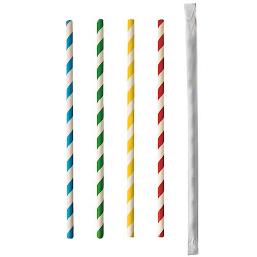 Trinkhalme Papstar Stripes, Einweg, L 200 x Ø 6 mm, einzeln umhüllt, aus FSC®-zertifiziertem Papier, farbsortiert, 100 Stück