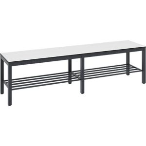 Umkleidebank Basic Plus, für Feuchträume, ohne Rückenlehne, 6-Fußgestell schwarzgrau RAL 7021, mit Schuhrost, B 1500 mm, Dekor weiß Umkleidebank Basic Plus, für Feuchträume, ohne Rückenlehne, 6-Fußgestell schwarzgrau RAL 7021, mit Schuhrost, B 1500 mm, Dekor weiß