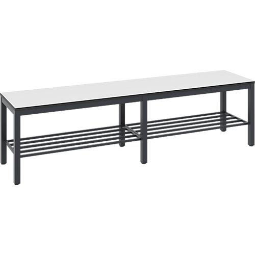 Umkleidebank Basic Plus, für Feuchträume, ohne Rückenlehne, 6-Fußgestell schwarzgrau RAL 7021, mit Schuhrost, B 1500 mm, Dekor weiß