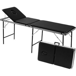 Untersuchungsliege, 3-teilig, bis 200 kg, auf Koffergröße zusammenklappbar, verstellbares Kopfteil, 1970 x 560 mm, Polster schwarz Untersuchungsliege, 3-teilig, bis 200 kg, auf Koffergröße zusammenklappbar, verstellbares Kopfteil, 1970 x 560 mm, Polster schwarz