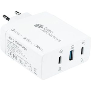 USB-Schnellladegerät Good Connections, mit GaN-Technologie, 3er-Port mit 2 x USB-C + 1 x USB-A, Leistung 100 W, weiß USB-Schnellladegerät Good Connections, mit GaN-Technologie, 3er-Port mit 2 x USB-C + 1 x USB-A, Leistung 100 W, weiß