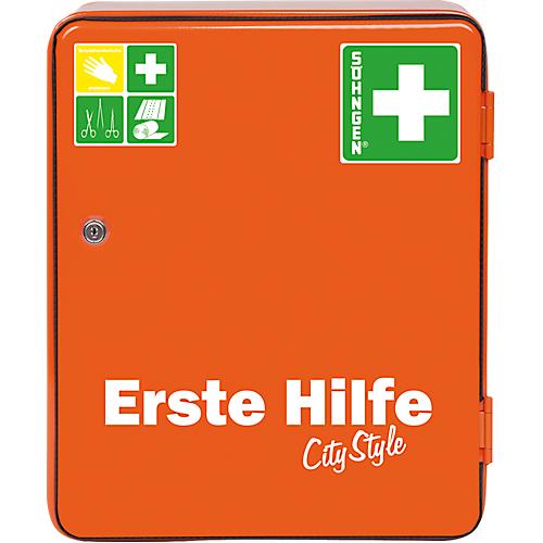 Verbandschrank HEIDELBERG, Stahlblech, Sicherheitsschloss, B 362 x T 140 x H 302 mm, Inhalt nach DIN 13157, orange