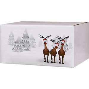 Versandkartons, mit Motiv „Rentiere im Schnee“, bis 30 kg, Außenmaße 306 x 221 x 150 mm, Feinwellpappe, weiß-braun, 20 Stück Versandkartons, mit Motiv „Rentiere im Schnee“, bis 30 kg, Außenmaße 306 x 221 x 150 mm, Feinwellpappe, weiß-braun, 20 Stück