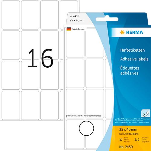 Vielzwecketiketten Herma, 25 x 40 mm, selbstklebend, permanent, matt, 512 Stück, weiß