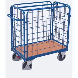 Vierwandwagen, Stahl/MDF-Platte, Enzianblau/Buche-Dekor, L 1000 x B 700 mm, Nutzhöhe 925 mm, einhängbare Längswände, EasySTOP, bis 500 kg