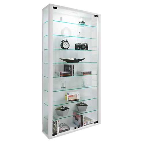 Wandvitrine Vitrosa Maxi, mit LED-Beleuchtung, 8 Einlegeböden, 2 Flügeltüren, B 590 x T 180 x H 1140 mm, Glas & Holz, weiß