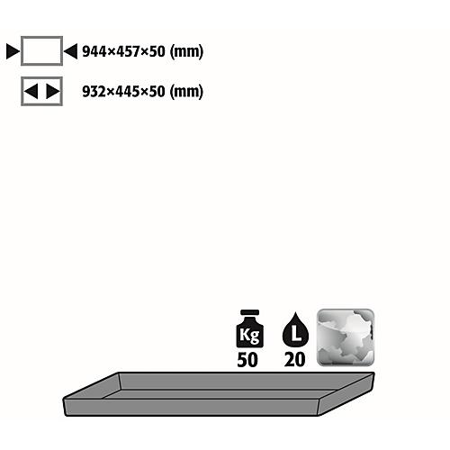 Wannenboden Standard für asecos Chemikalienschränke, Stahlblech, B 944 x T 457 x H 50 mm, 20 l, bis 50 kg