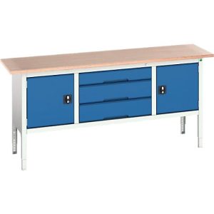 Werkbank Bott verso, bis zu 800 kg, 3 Schubladen + 2 Türen, B 2000 x T 600 x H 930 mm, Buche Multiplex, Stahl, Lichtgrau RAL 7035 / Enzianblau 5010 Werkbank Bott verso, bis zu 800 kg, 3 Schubladen + 2 Türen, B 2000 x T 600 x H 930 mm, Buche Multiplex, Stahl, Lichtgrau RAL 7035 / Enzianblau 5010