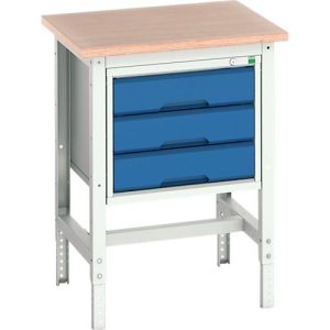 Werkbank Bott verso, Multiplex-Platte, mit Querstrebenset, 3 Schubladen, B 700 x T 600 x H 780 – 930 mm, Lichtgrau / Enzianblau Werkbank Bott verso, Multiplex-Platte, mit Querstrebenset, 3 Schubladen, B 700 x T 600 x H 780 – 930 mm, Lichtgrau / Enzianblau