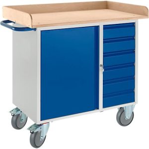 Werkbank mit Schrank, 6 Schubaden, 3-seitiger Holzumrand, 2 Lenkrollen/2 Bockrollen Werkbank mit Schrank, 6 Schubaden, 3-seitiger Holzumrand, 2 Lenkrollen/2 Bockrollen