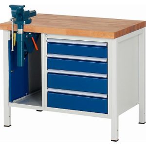 Werkbank Modell 8185, 4 Schubladen, Schrank mit Einschiebetür, inkl. Schraubstock, B 1000 x T 700 Werkbank Modell 8185, 4 Schubladen, Schrank mit Einschiebetür, inkl. Schraubstock, B 1000 x T 700