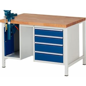 Werkbank Modell 8185, 4 Schubladen, Schrank mit Einschiebetür, inkl. Schraubstock, B 1500 x T 700 Werkbank Modell 8185, 4 Schubladen, Schrank mit Einschiebetür, inkl. Schraubstock, B 1500 x T 700