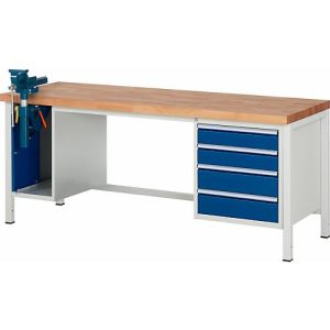 Werkbank Modell 8185, 4 Schubladen, Schrank mit Einschiebetür, inkl. Schraubstock, B 2000 x T 700 Werkbank Modell 8185, 4 Schubladen, Schrank mit Einschiebetür, inkl. Schraubstock, B 2000 x T 700