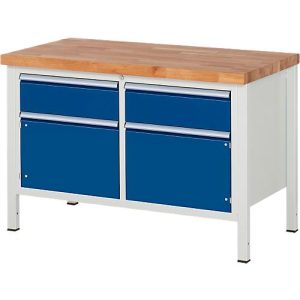 Werkbank Modell 8466, 2 Schubladen, 2 Türen, höhenverstellbar, B 1250 x T 700 x H 840-1040 mm Werkbank Modell 8466, 2 Schubladen, 2 Türen, höhenverstellbar, B 1250 x T 700 x H 840-1040 mm