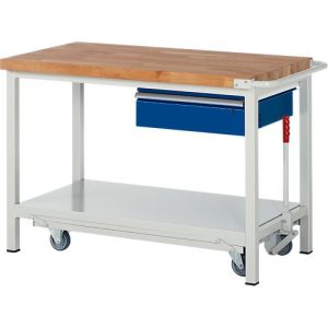 Werkbank Serie 8001, fahrbar, absenkbar, Schublade, B 1250 x T 700 x H 880 mm