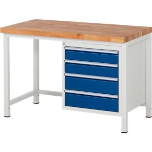 Werkbank Serie 8162, höhenverstellbar, 4 Schubladen, B 1250 x T 700 x H 840 – 1040 mm Werkbank Serie 8162, höhenverstellbar, 4 Schubladen, B 1250 x T 700 x H 840 – 1040 mm