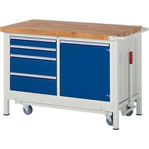 Werkbank Serie 8470, absenkbar, fahrbar, 4 Schubladen und Fachboden, B 1250 x T 700 x H 880 mm Werkbank Serie 8470, absenkbar, fahrbar, 4 Schubladen und Fachboden, B 1250 x T 700 x H 880 mm