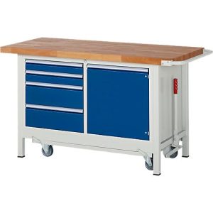 Werkbank Serie 8470, absenkbar, fahrbar, 4 Schubladen und Fachboden, B 1500 x T 700 x H 880 mm Werkbank Serie 8470, absenkbar, fahrbar, 4 Schubladen und Fachboden, B 1500 x T 700 x H 880 mm