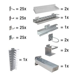 Werkzeughalter Set ADB, 110-teilig, für Lochwände mit 4-Kantlochung 10 x 10 mm & Lochabstand 38 mm, Stahl pulverbeschichtet, weißaluminium RAL 9006 Werkzeughalter Set ADB, 110-teilig, für Lochwände mit 4-Kantlochung 10 x 10 mm & Lochabstand 38 mm, Stahl pulverbeschichtet, weißaluminium RAL 9006