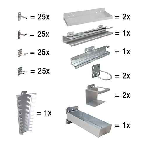 Werkzeughalter Set ADB, 110-teilig, für Lochwände mit 4-Kantlochung 10 x 10 mm & Lochabstand 38 mm, Stahl pulverbeschichtet, weißaluminium RAL 9006
