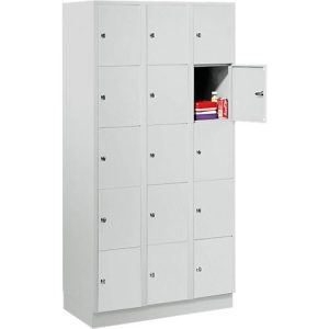 Wertfachschrank 300 mm, 3 Abteile, 15 Fächer, Sicherheitszylinderschloss, Sockel, lichtgrau Wertfachschrank 300 mm, 3 Abteile, 15 Fächer, Sicherheitszylinderschloss, Sockel, lichtgrau