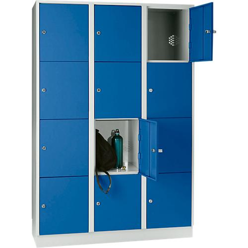 Wertfachschrank 400 mm, 3 Abteile, 12 Fächer, Sicherheitszylinderschloss, Sockel, enzianblau
