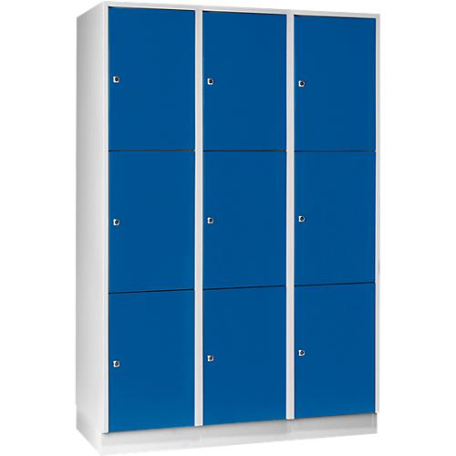 Wertfachschrank 400 mm, 3 Abteile, 9 Fächer, Sicherheitszylinderschloss, Sockel, enzianblau