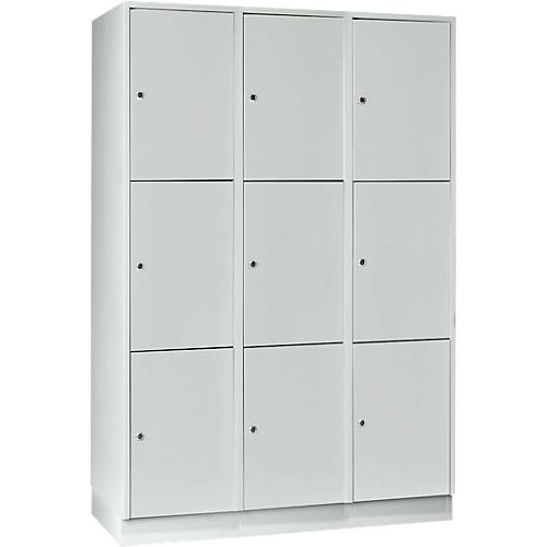 Wertfachschrank 400 mm, 3 Abteile, 9 Fächer, Sicherheitszylinderschloss, Sockel, lichtgrau