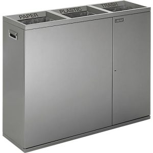 Wertstoffsammler Janibell, 3-teilig, Volumen 3 x 75,7 l, rechteckig, L 322 x B 1068 x H 869 mm, Stahl, silber Wertstoffsammler Janibell, 3-teilig, Volumen 3 x 75,7 l, rechteckig, L 322 x B 1068 x H 869 mm, Stahl, silber