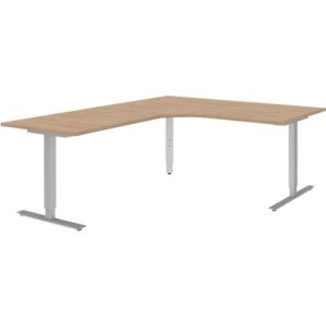 Winkelschreibtisch BARI 90°, T-Fuß, Freiformtisch, Winkel links, B 1800 x T 1000/800 x H 680-820 mm, Eiche/Alu Winkelschreibtisch BARI 90°, T-Fuß, Freiformtisch, Winkel links, B 1800 x T 1000/800 x H 680-820 mm, Eiche/Alu