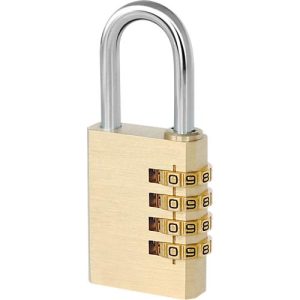 Zahlen Vorhängeschloss, 4 Nummernräder, Bügelhöhe 40 mm, Doppelverriegelung, Messing massiv Zahlen Vorhängeschloss, 4 Nummernräder, Bügelhöhe 40 mm, Doppelverriegelung, Messing massiv